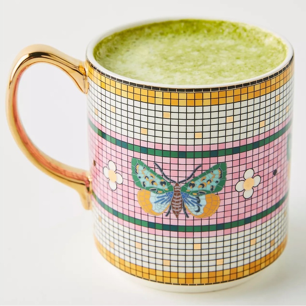 Anthropologie Pink and Gold Butterfly Mug